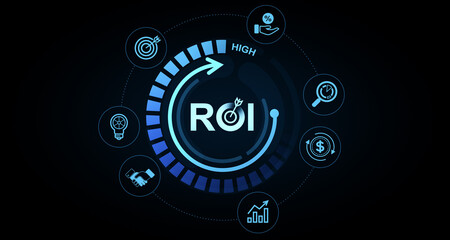 Fototapeta premium ROI high return on investment concept with glowing icons including money, analytics, growth, idea, and target on dark background. 3D Rendering