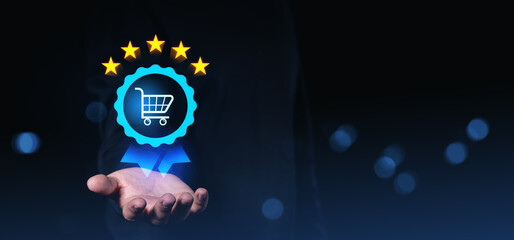 Customer review award icon with shopping cart and five stars above a hand, representing online...