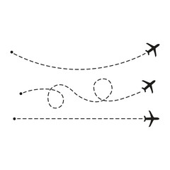 Three Flying Airplane dotted line route. twisted curved straight dashed trace path transparent png and vector illustration.