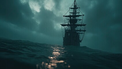 Dark ship sails stormy sea