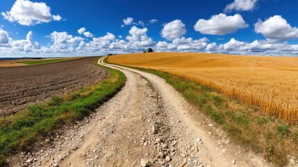 Fototapeta premium A dirt road winds through open farmland under a bright blue sky with fluffy clouds
