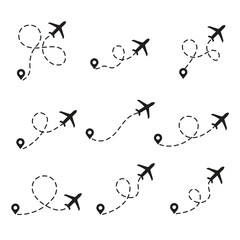 Map Flying Airplane dotted line route. twisted curved straight dashed trace path transparent png and vector illustration.