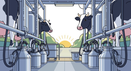 Modern Automated Milking Parlor with Dairy Cows at Sunrise on a Farm