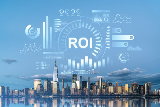 ROI and financial data interface concept over modern city skyline with futuristic digital charts and graphs on a clear blue sky background.