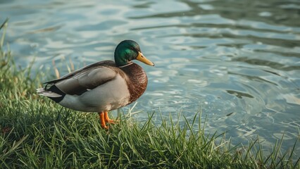 Fototapeta premium Lovely female duck amid green grass with water backdrop