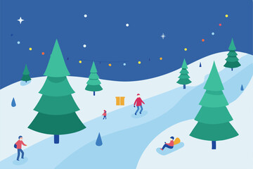 snowy park scenery with children sledding down a .eps