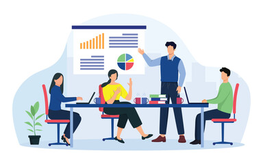 Business meeting, team seminar and team work concept. A group of diverse people leading a discussion at a table near a whiteboard with charts and graphs. Vector illustration,