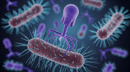 Obraz premium Microscopic Battleground: Captivating illustration that illuminates the intricate world of microorganisms. Featuring bacteriophages engaging with bacteria in a dynamic.