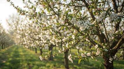 Fototapeta premium Lovely apple orchards blossoming in springtime under clear skies. Gentle focus with a natural blur effect.