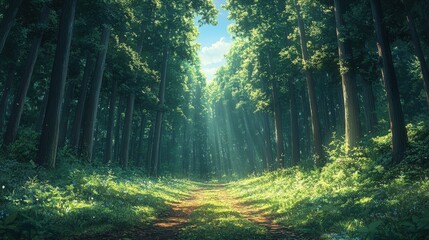 Obraz premium Sunlight Filtering Through Lush Forest Pathway