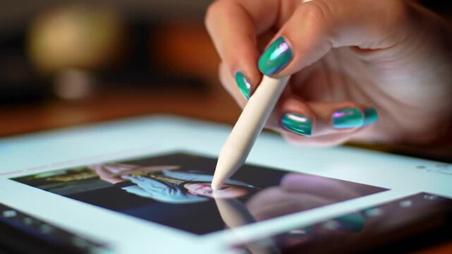 Digital artist drawing a portrait on a tablet with a stylus