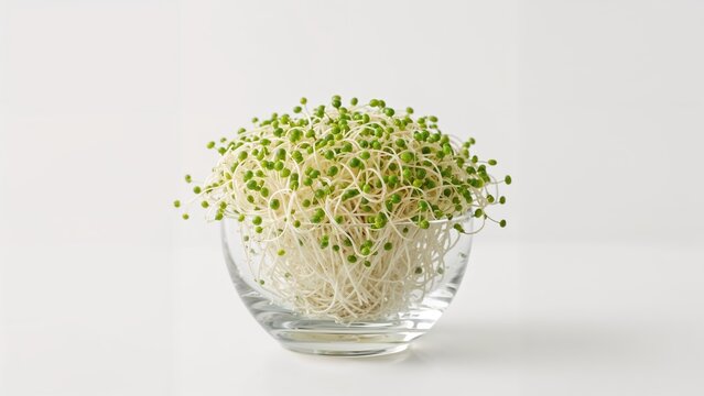 Clear glass bowl containing bean sprouts set on a plain white base