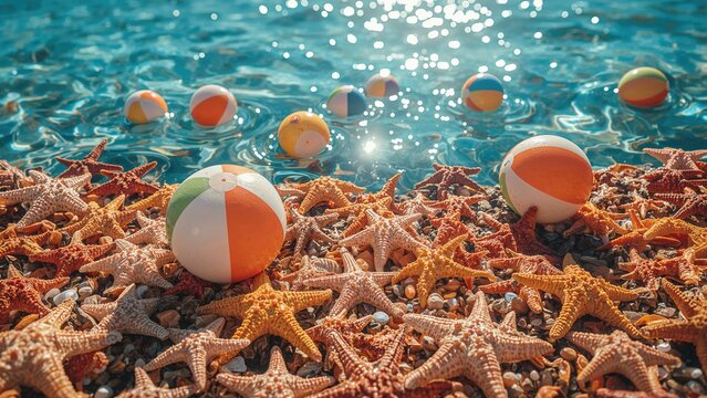 Colorful beachballs and starfish arrangement