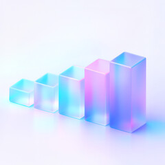 3D glass bar chart with glowing pastel neon gradient colors in blue, pink, and purple on white background
