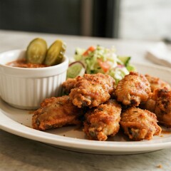Crispy fried chicken wings with vegetable salad