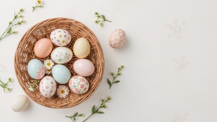 Colorful Easter eggs placed in a basket. Seasonal Easter message. Top-down view with space for text.
