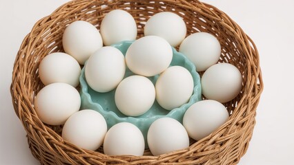 Basket brimming with fresh eggs placed inside a blue holder