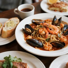Seafood pasta with garlic bread