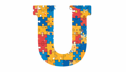 Colorful letter "U" constructed from many jigsaw puzzle pieces, isolated on white background.