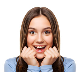 Fototapeta premium Ecstatic young brunette girl with a joyful expression of amazement, celebrating good news in a studio headshot on a white background.