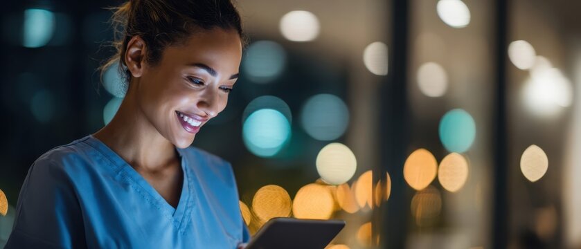 The nurse smiling while using a smartphone in a serene evening setting.