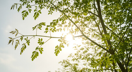 Fototapeta premium Backlit photo of tall moringa tree branches with small green leaves swaying, captured from below against the sun. Natural healing symbol.