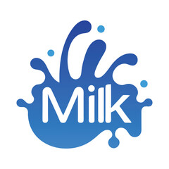 Vibrant blue splash of liquid with the word milk in white letters, representing freshness and dairy, isolated on a white background