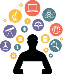 Silhouette of a person using a laptop surrounded by science and technology related icons around them
