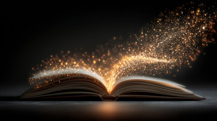 An open book emitting a radiant stream of golden particles in a dark setting
