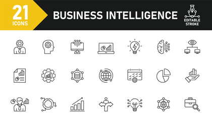 Business Intelligence line icon set. Set of 21 outline icons related to analysis, data, business, intelligence, management, visualization, idea, bi and others. Editable stroke. Vector illustration.