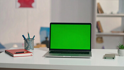 Laptop with Green Screen on White Desk Mockup for Technology Presentation