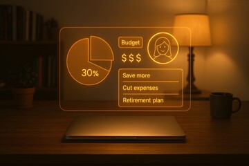 Augmented Reality Budget Dashboard Hovering Over Laptop on Wooden Desk in Cozy Home Office with Warm Lamp Light and Financial Planning Interface