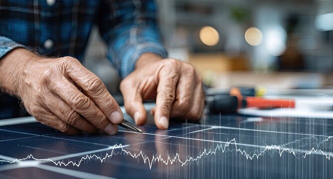 Close-up of aged hands working on solar panel, intricate diagrams - Powered by Adobe