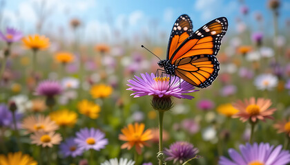 Fototapeta premium Monarch Butterfly on Wildflowers: Vibrant Nature Photography