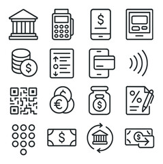Financial icons set featuring bank, mobile payment, atm, currency, and financial transactions