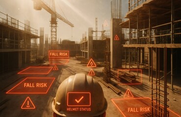 Augmented Reality HUD Display on Construction Site Showing Fall Risk Zones and Safety Alerts in Sunlit Dusty Environment