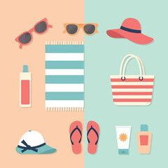 A colorful flat lay of essential summer beach items for a vacation getaway.