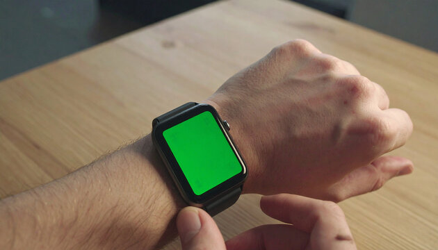 Smartwatch on Wrist with Green Screen for App Mockups and Tech Product Advertising