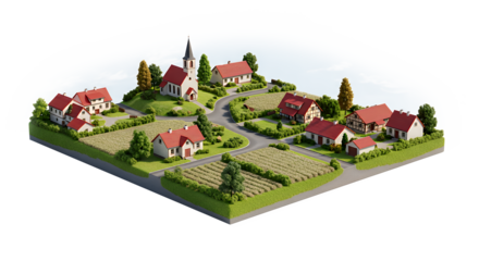 Charming village with church, houses, and fields in isometric view layout