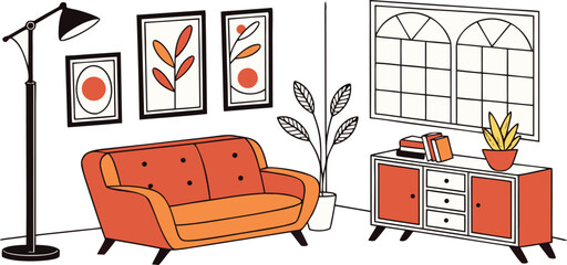 Cozy mid century living room scene with orange sofa and art isolated on transparent background