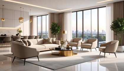 Fototapeta premium Modern living room with city view, neutral tones, and ample natural light