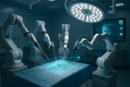 Robotic Arms Performing Surgery with Augmented Reality Interface in Futuristic Operating Room