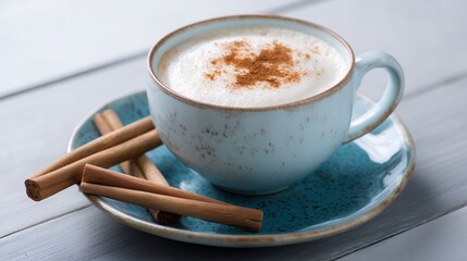 Warm Cappuccino with Cinnamon Sticks on Rustic Table