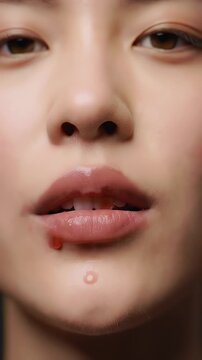 High Detail Close Up of a Young Woman's Lips in Slow Motion Displaying Herpes Simplex Virus and Minor Red Spots with Dark Background Medical Visualization Health and Well-Being Focus