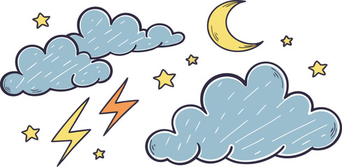 Cute weather elements with clouds moon and lightning isolated on transparent background