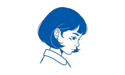A blue line art illustration of a young boy character wearing a headset with a microphone, looking down thoughtfully.
