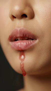 High Detail Close Up of a Young Woman's Mouth with Dripping Blood Presenting Subtle Movement In Soft Lighting With Glossy Lips against Dark Background Perfect for Health and Beauty Concepts