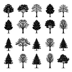 Collection of diverse tree silhouettes in black and white trees nature
