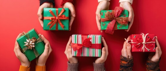 The festive assortment of beautifully wrapped gifts shared among joyful hands