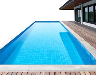 Obraz premium Rectangular pool, blue tile, wood deck, modern home